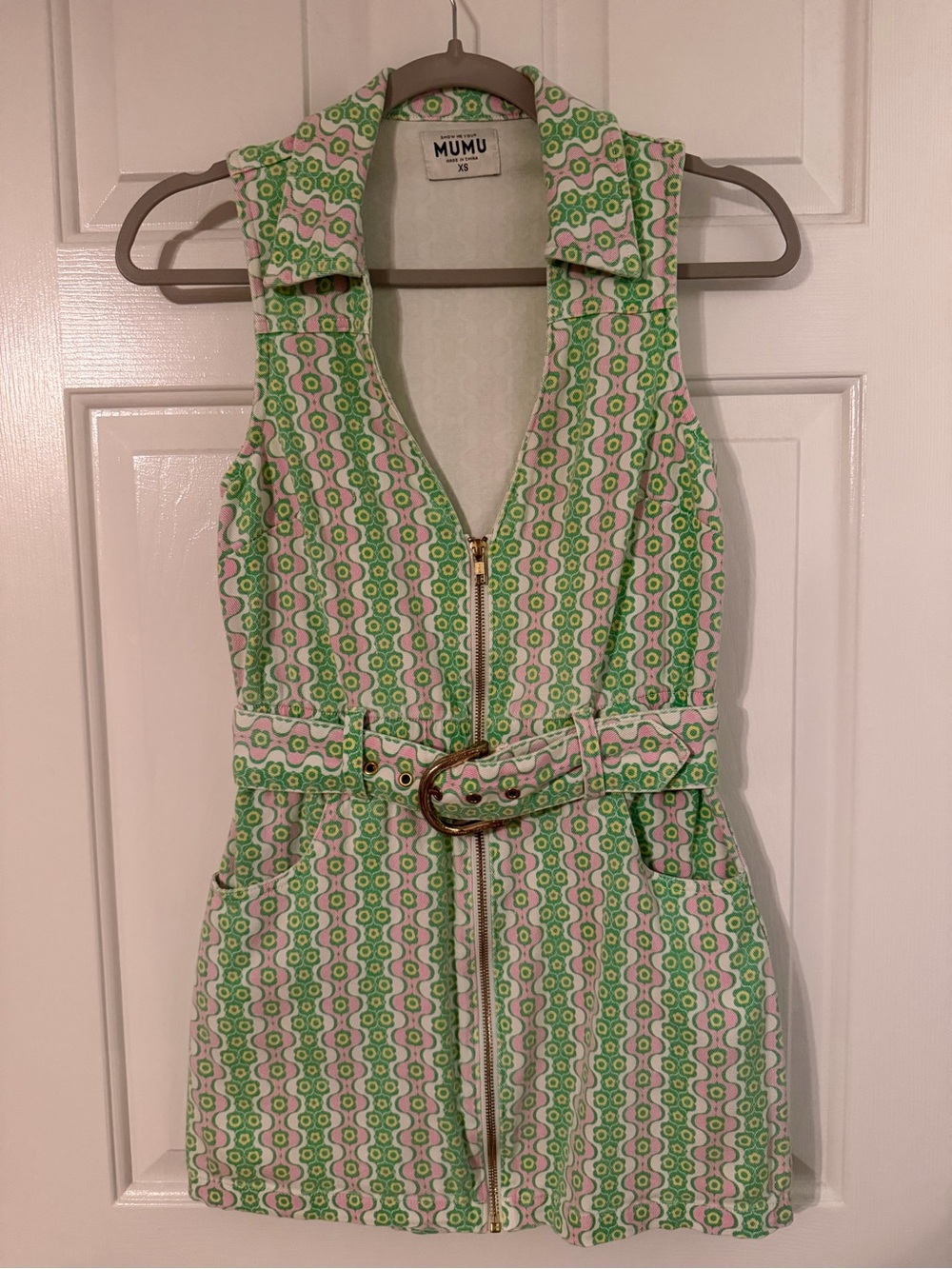 MUMU Oxford Tank Dress Geometric Mini Dress in Green & Pink XS